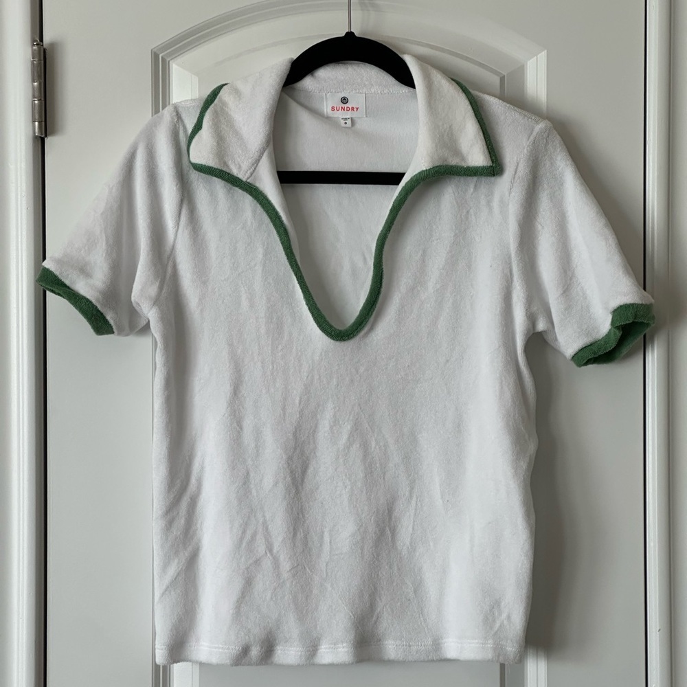Sundry White Terry Polo Top with Green Trim - Picture 2 of 3